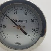 DIAL THERMOMETER 0°C TO 70°C BI-METAL REAR ENTRY S/S 80MM CASE 100MM STEM