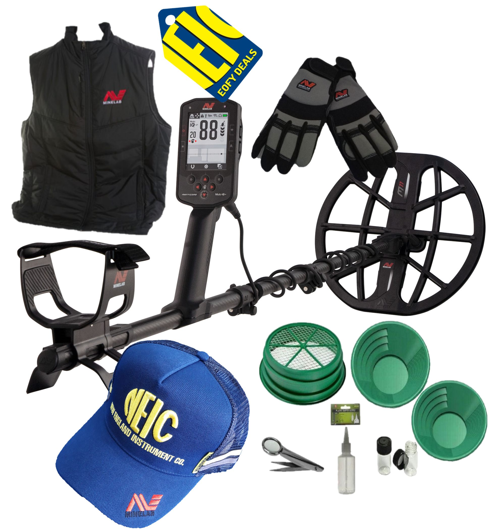 EOFY DEAL – MINELAB MANITCORE Detector + Minelab Puffer Vest & Digging Gloves + NEIC Cap + 7pc Panning Kit